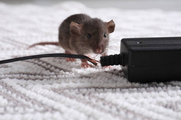 rat with chewed electric wire on floor indoors. pest control